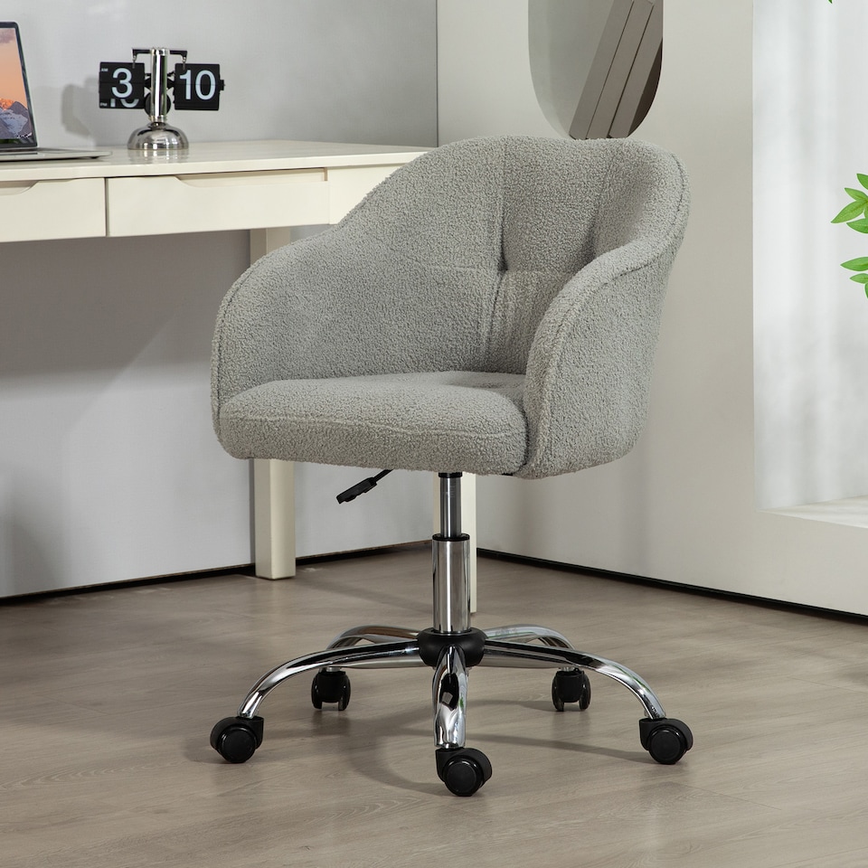 image 1 of HOMCOM Vanity Swivel Chair, Teddy Fleece Office Desk Chair with Adjustable Height for Home, Study, Bedroom, Makeup, Grey
