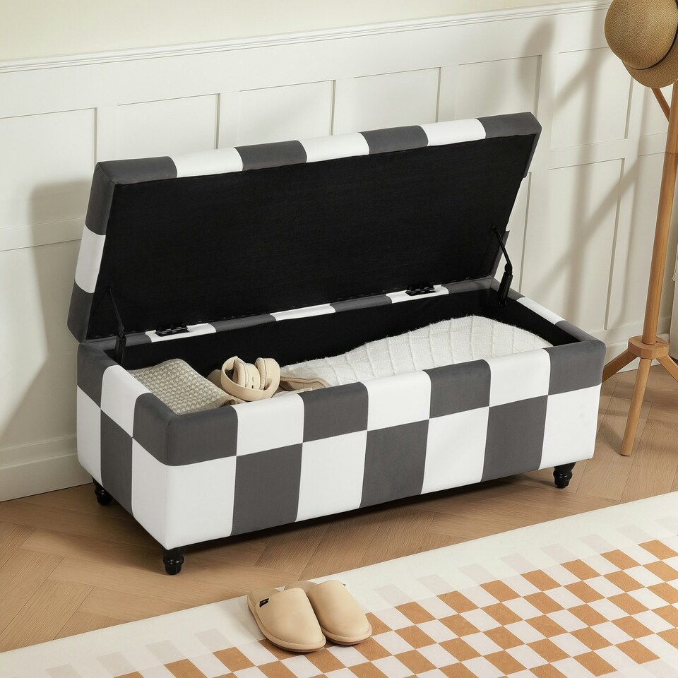 image 1 of HOMCOM 114 x 47 x 47cm Velvet Storage Ottoman, Button-tufted Footstool Box Grey