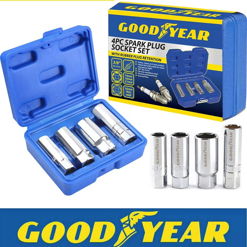 image 1 of Goodyear 4pc Spark Plug Socket Set With Rubber Plug Retention External Hex