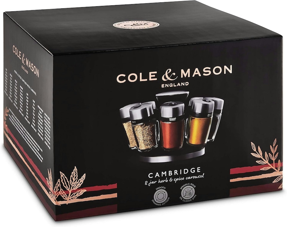 image 1 of Cole & Mason Cambridge 8 Jar Rotating Spice Rack, Includes 8 Filled Spice/Herb Jars with Lids for Kitchen Countertop Storage, (H) 13cm x (W) 20cm