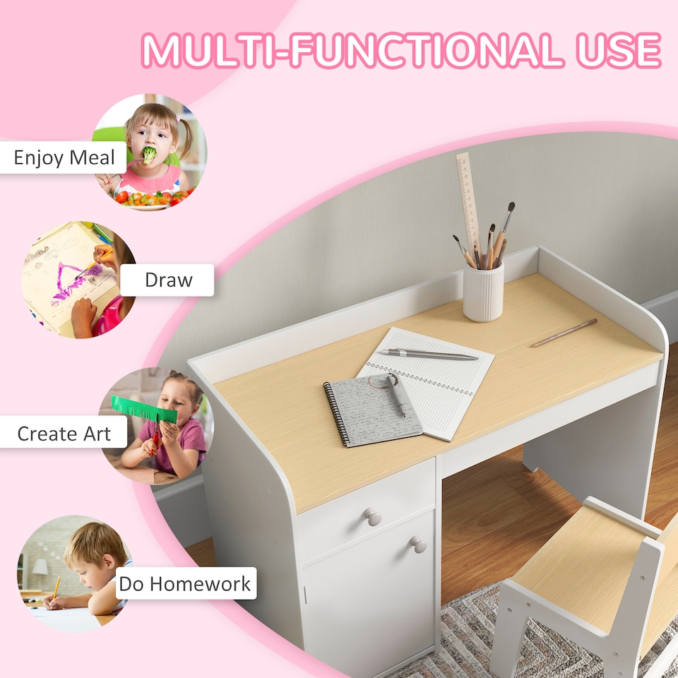 image 1 of ZONEKIZ Kids Desk and Chair Set for Ages 3-6 Years w Storage Drawer | White