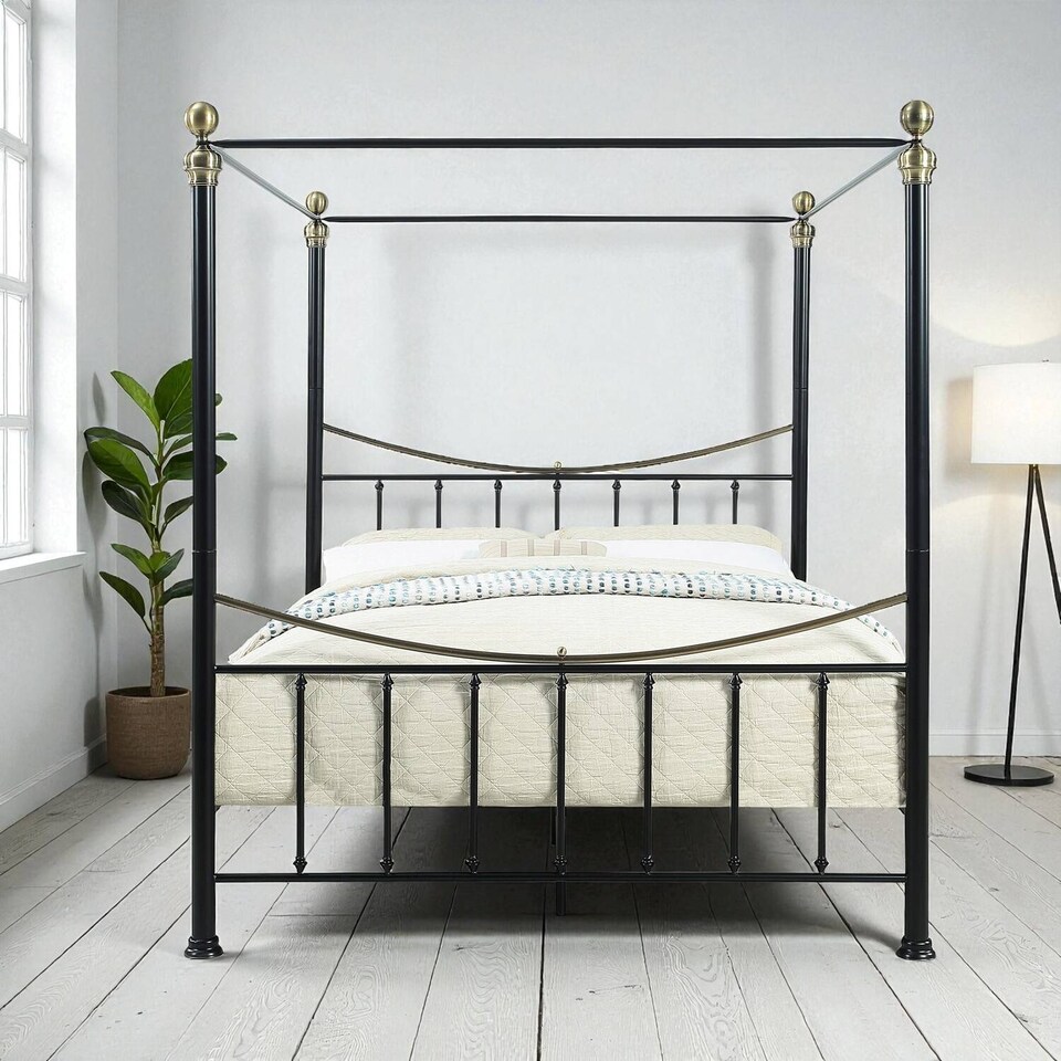 image 1 of Marylebone Traditional Four Poster Canopy Metal Bed Frame | Black | Black & Brass | King