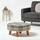 image 2 of Homescapes Grey and Yellow Tartan Fabric Flat Circular Stool with Wooden Legs | Grey | 62 x 62 x 30 cm