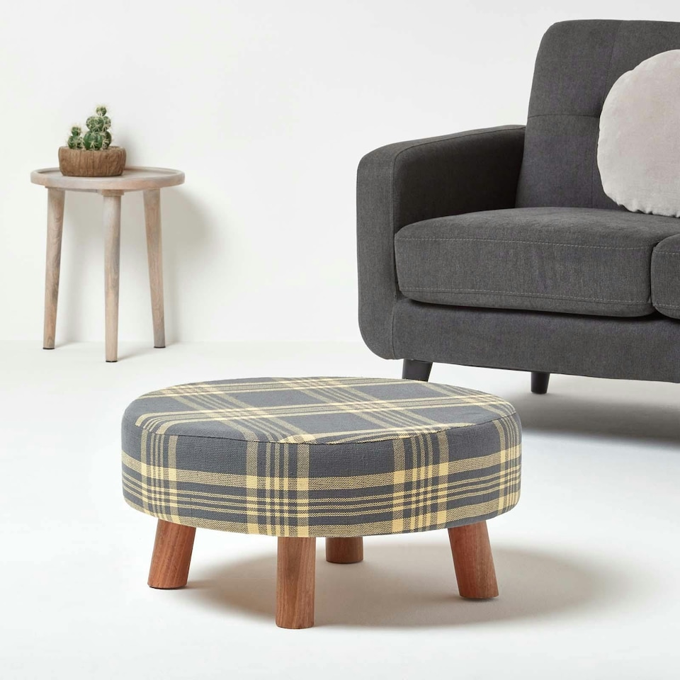 image 1 of Homescapes Grey and Yellow Tartan Fabric Flat Circular Stool with Wooden Legs | Grey | 62 x 62 x 30 cm