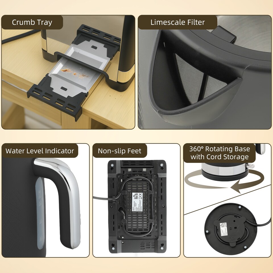 image 1 of HOMCOM Kettle and Toaster Set, 1.7L 3000W Rapid Boil Jug Kettle with Otter Thermostat, Limescale Filter, 2 Slice Toaster with 7 Browning Controls, Crumb Tray, Black | Black