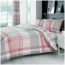 VELVETIO Waverly Check Duvet Cover Set Reversible Polycotton Easy Care Beddings Pink | Blush Pink | Double