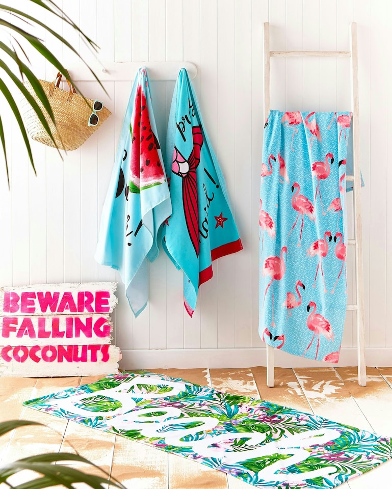 image 1 of Catherine Lansfield Flamingo Cotton Beach Towel | Blue | One size
