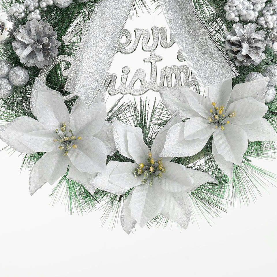 image 1 of Living and Home Christmas Wreath with Mixed Silver Decorations - 30cm