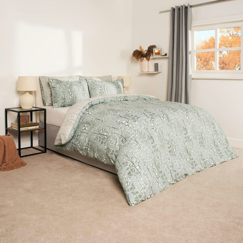 image 1 of OHS Willow Print Reversible Duvet Cover and Pillowcase Set, Super King - Sage Green