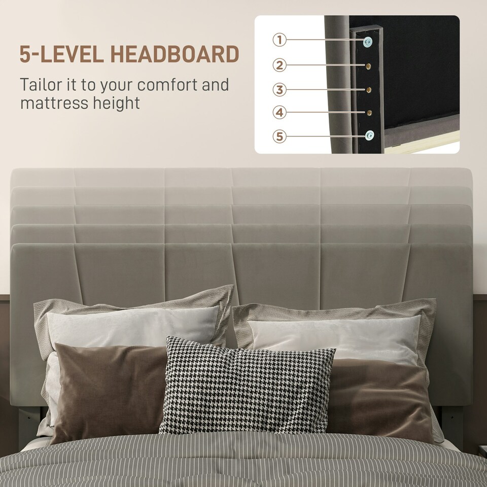 image 1 of HOMCOM King Size Bed Frame with 5-Level Adjustable Headboard Wooden Slats