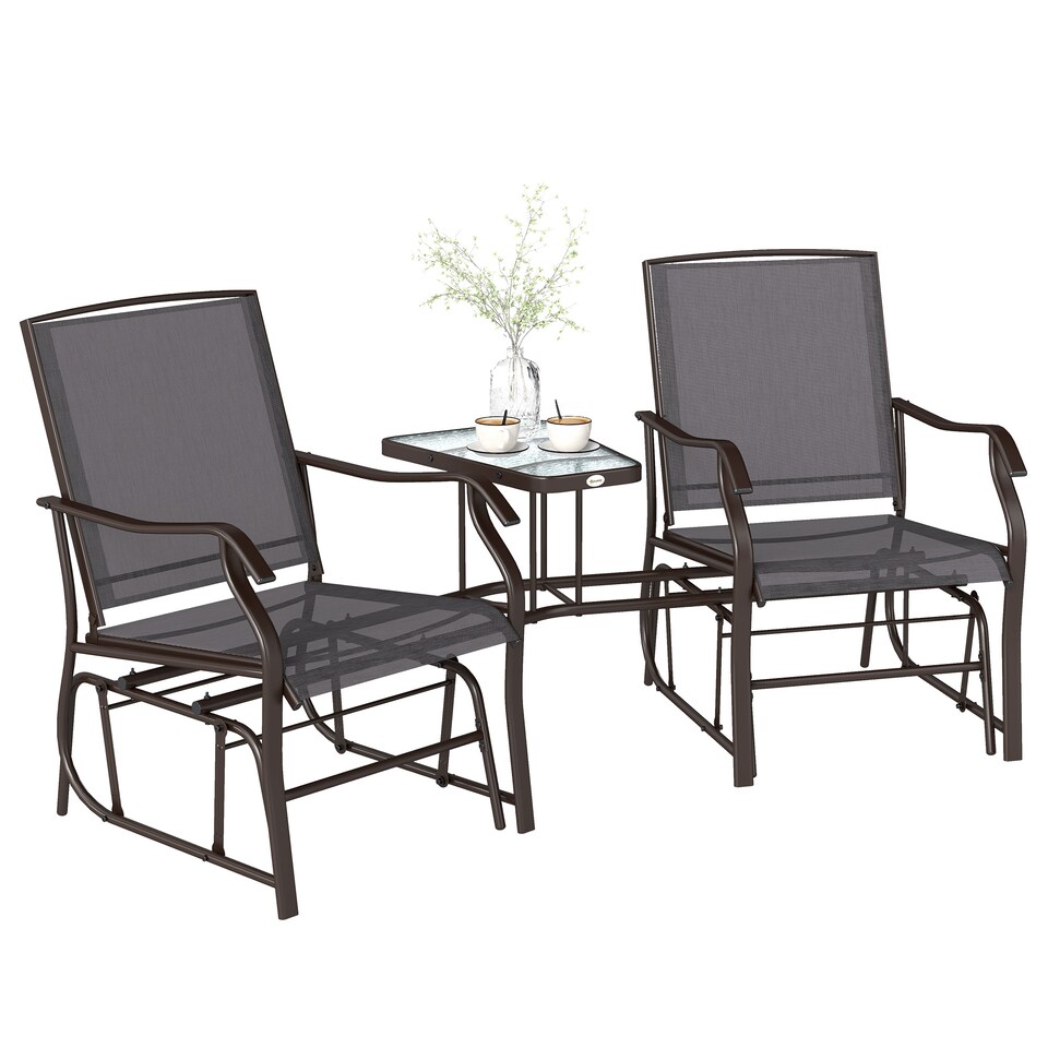 image 1 of Outsunny Outdoor Double Glider Rocking Chairs with Glass Top Middle Table, Metal Gliding Love Seat Conversation Furniture with Breathable Mesh Fabric Seat, for Garden, Patio, Grey