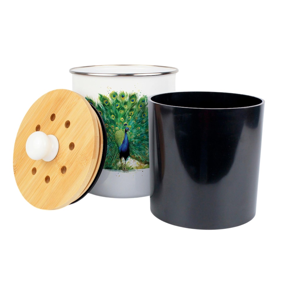 image 1 of Majestic Peacock Food Waste Caddy - Metal 2L Decorative Kitchen Compost Bin
