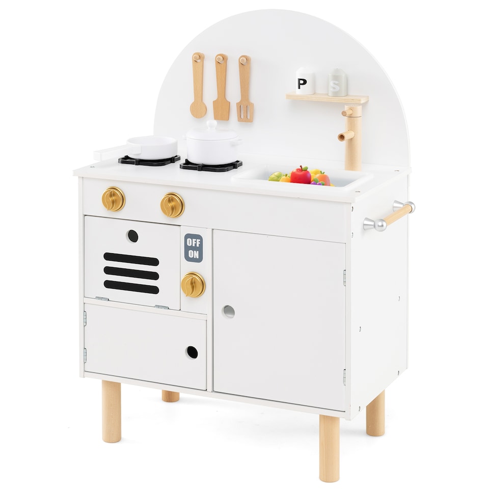 image 1 of COSTWAY Pretend Play Kitchen Wooden Kitchen Playset with Stoves White
