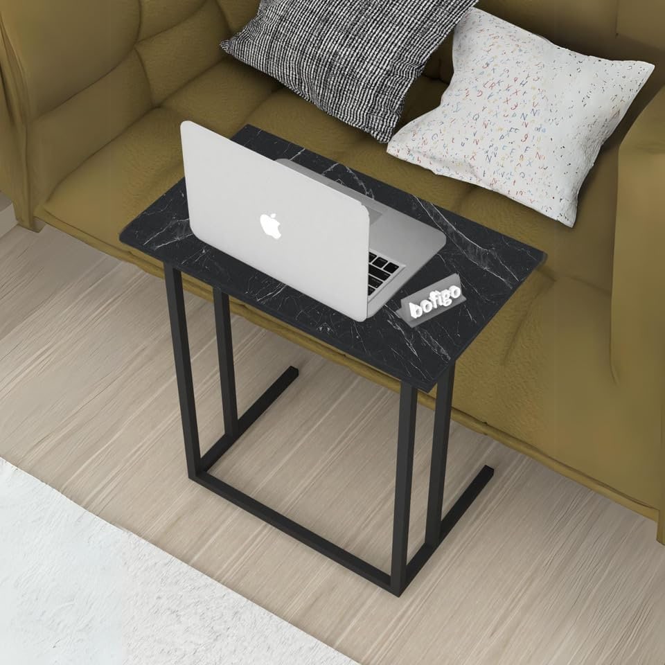 image 1 of Wood Laptop Table, Home Office Portable Computer Stand C-Shape With Metal Legs | Black | Black Marble