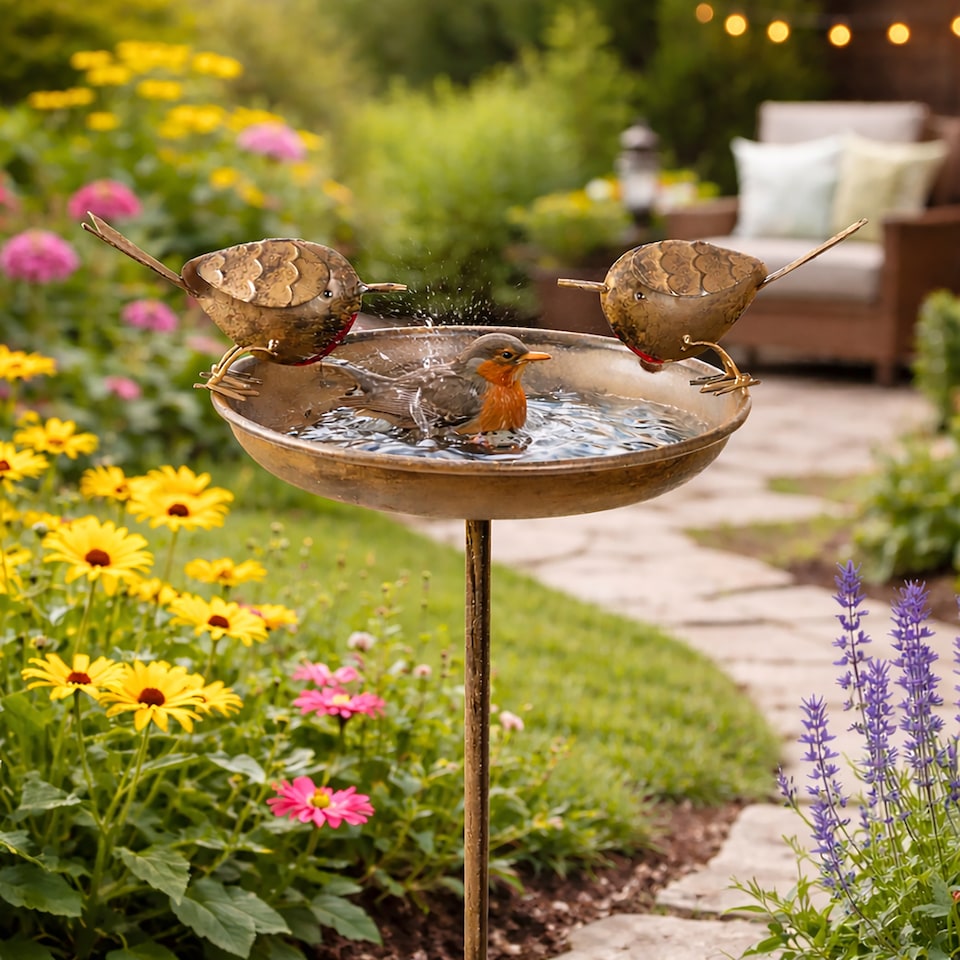 image 1 of Marco Paul Metal Garden Bird Bath & Bird Feeder on Stake with Decorative Robin Design 81cm