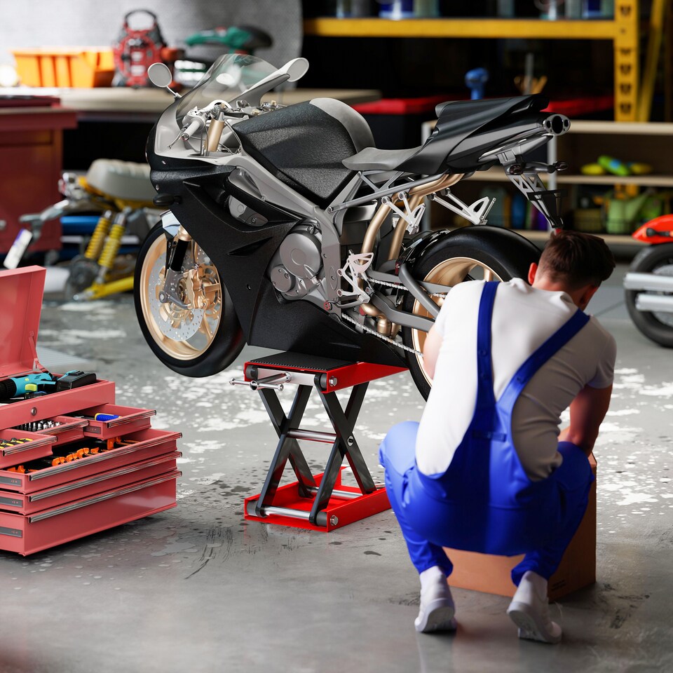 image 1 of DURHAND 500KG Motorcycle Lift Scissor Jack, Height Adjustable Motorbike Stand with Anti-Slip Wide Deck, Heavy Duty Steel Motorbike Repair Lift Hoist Stand for Home Garage, Red