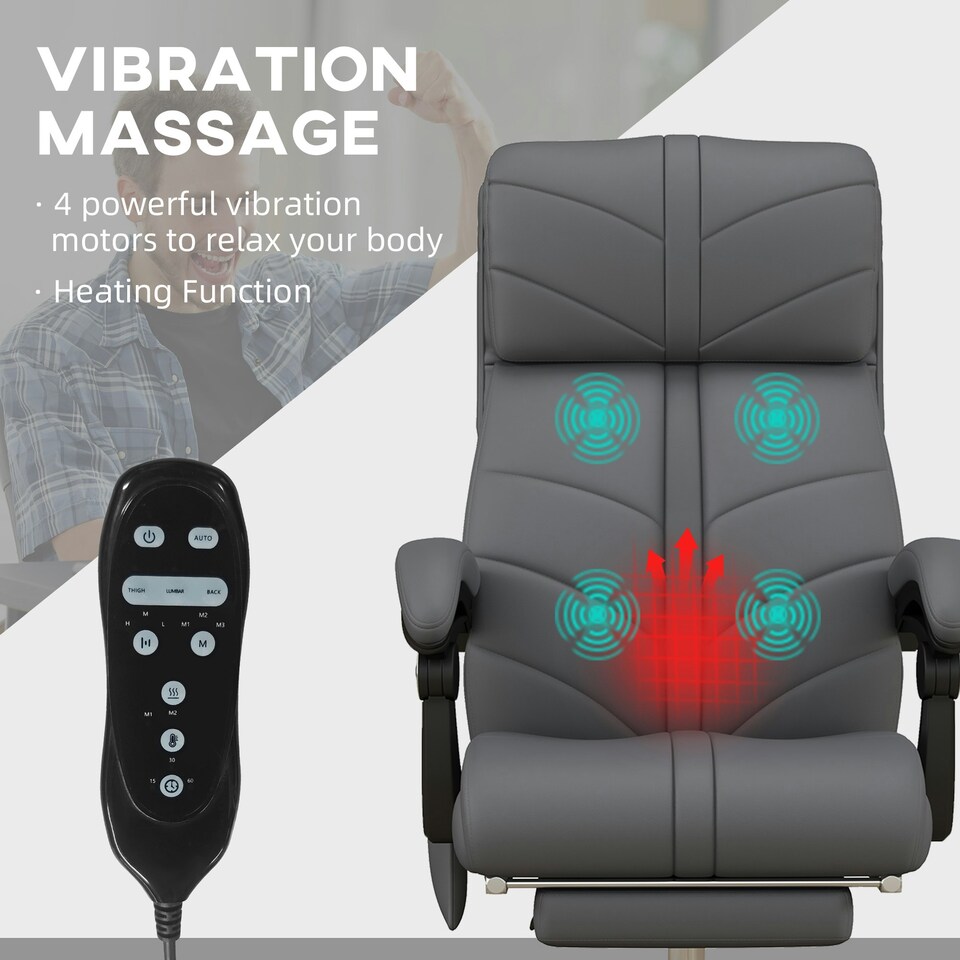 image 1 of Vinsetto PU Leather Vibration Massage Office Chair with Heat, Footrest, Grey