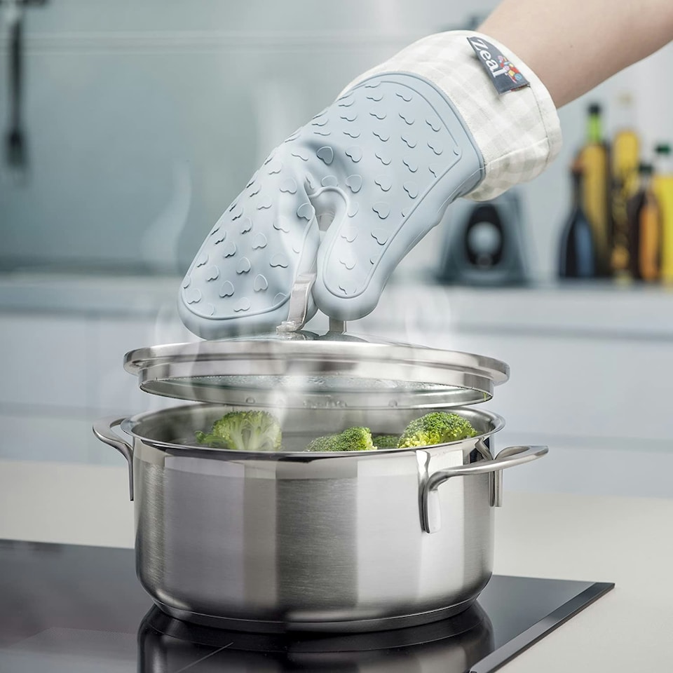 image 1 of Steam Stop™ Silicone Single Oven Glove, Gingham Blue | Duck Egg Blue