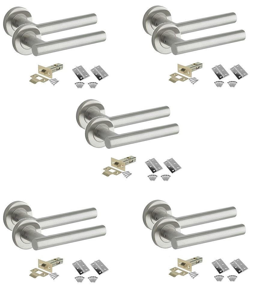 image 1 of Golden Grace 5 Sets Straight T-Bar Door Handles Pack in Stainless Steel Finish with Tubular Latch and Hinges | Grey | 5 Set