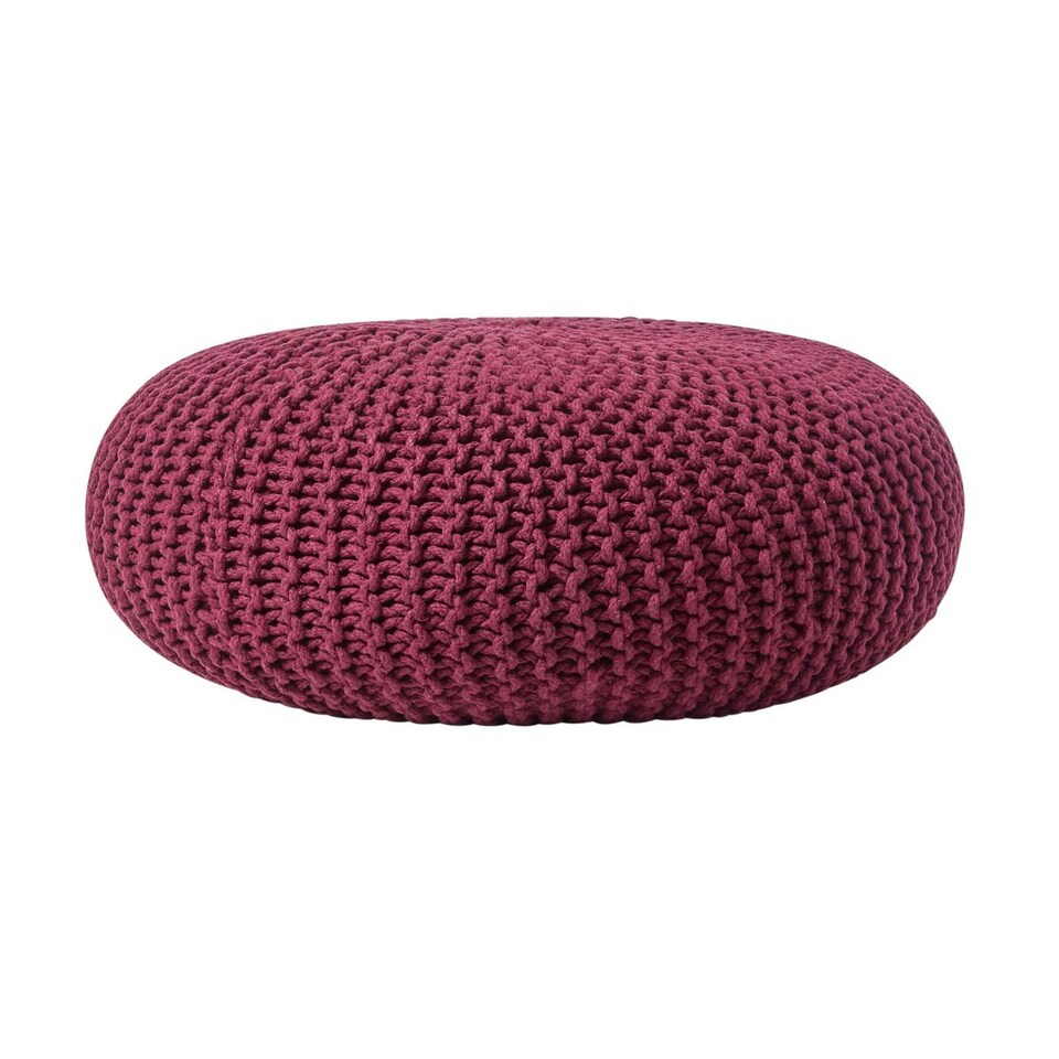 image 1 of Homescapes Plum Large Round Cotton Knitted Pouffe Footstool