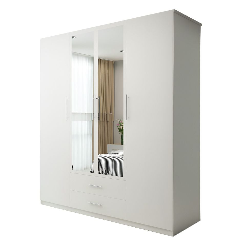 Modern 4-Door Hinged Wardrobe with Central Mirror & Drawers - White 171cm