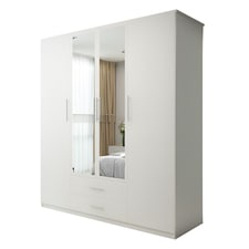 Modern Space-Saving 4-Door Hinged Wardrobe with Central Mirrored Doors - 8 Shelves & 2 Drawers, 171cm Wide