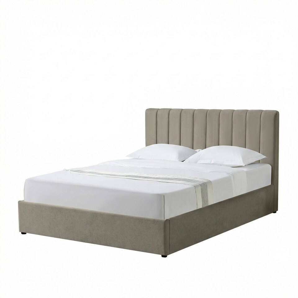 image 1 of Evelynne Fabric 150cm Kingsize Ottoman Bed Frame with Storage - Light Brown