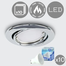 ValueLights Pack of 10 Fire Rated Chrome Tiltable GU10 Recessed Ceiling Downlights - Complete with 5w LED Bulbs 3000K Warm White