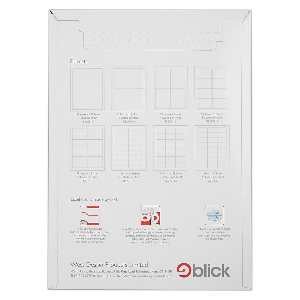 image 1 of Blick 16 Per Sheet 100 Sheets, 100mm x 34mm, Rectangular, White, 1600 Labels