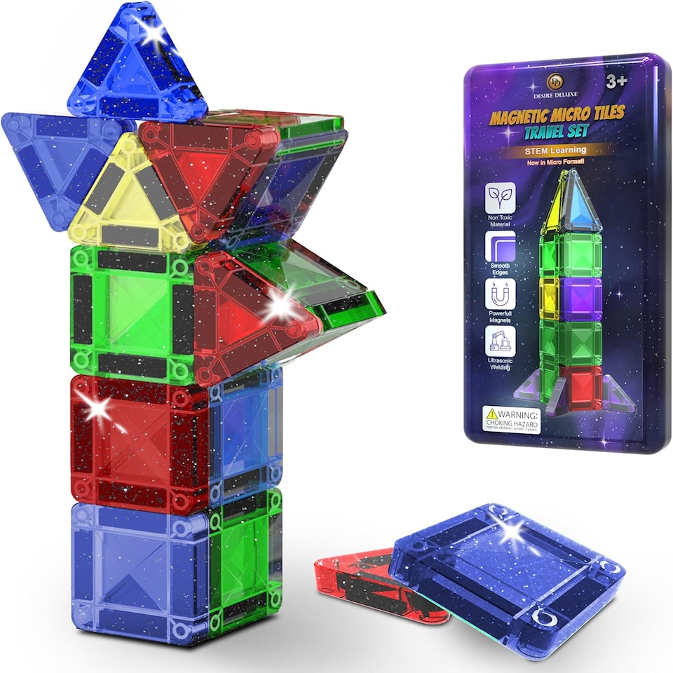 image 1 of Desire Deluxe Micro Magnetic Tiles Building Blocks Toy STEM Educational Travel Size Magnetics Blocks for Kids, Preschool Sensory Montessori Toddler Magnetic Toys for Boys & Girls 3 plus Years Old 18PCS Glitter