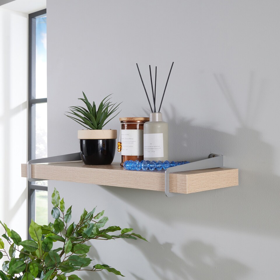 image 1 of Keer 60 cm Chunky Shelf with Slide on Brackets - Metal - L19.5 x W60 x H3.8 cm - Oak Effect