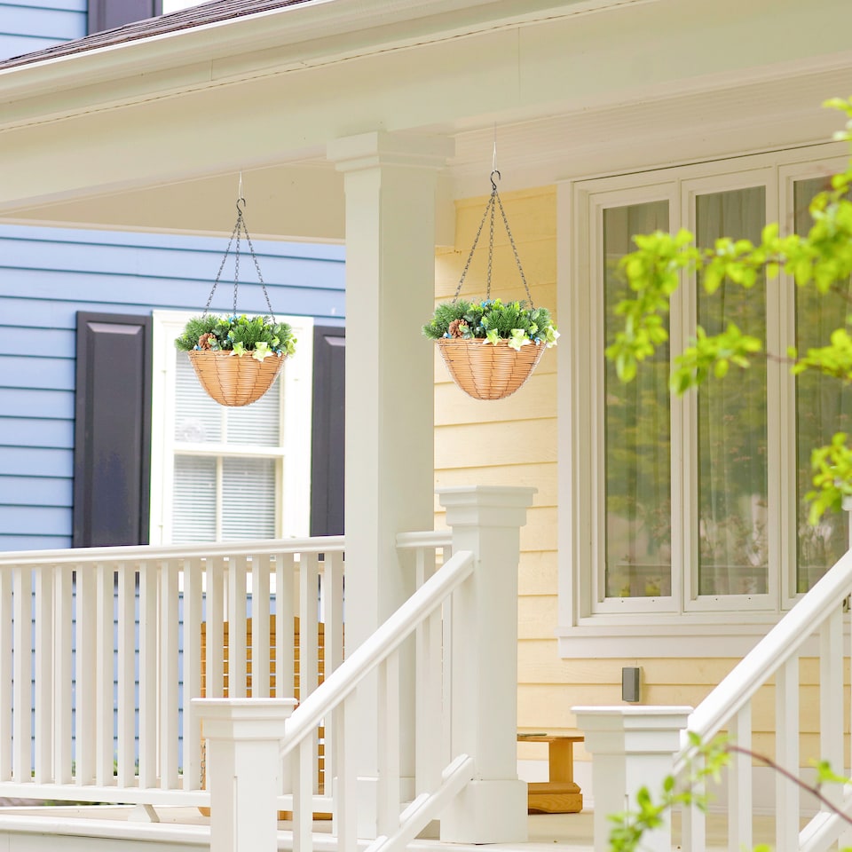 image 1 of HOMCOM Pack of 2 Faux Plant Artificial Lisianthus Flowers, Hanging Planters with Basket, PE Leaves, 18 Flowers and 3 Pinecones, Decorative Faux Plants for Home Office Decor, Green