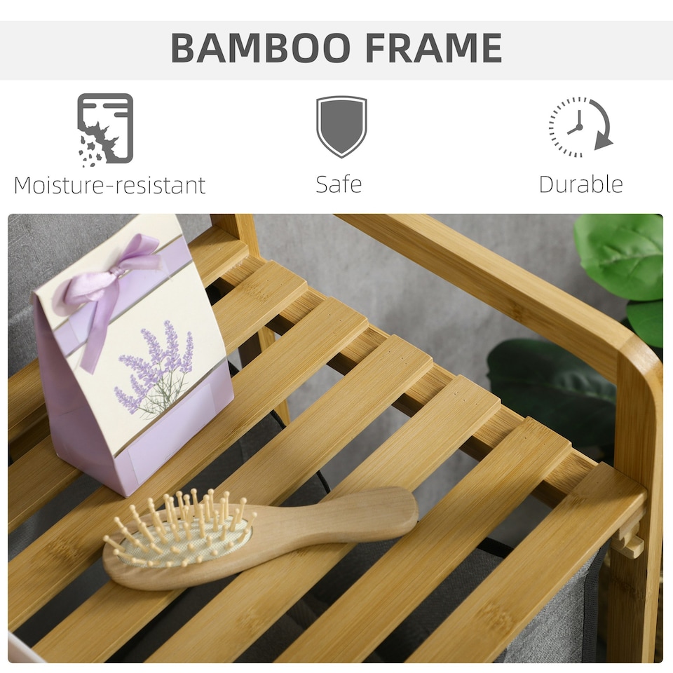 image 1 of HOMCOM Bamboo Laundry Basket with Shelf Pull-out Bags for Bedroom Laundry Room