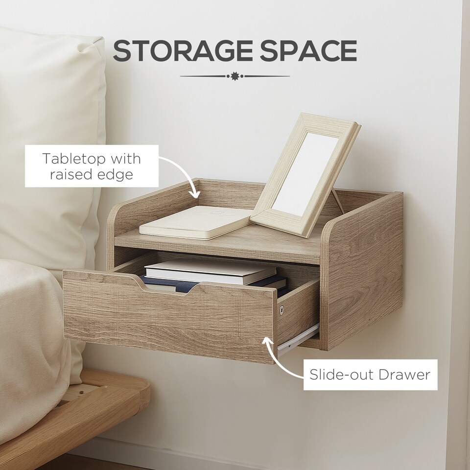 image 1 of HOMCOM Floating Nightstands Set of 2, Wall Mounted Bedside Table with Storage Drawer for Bedroom, Natural