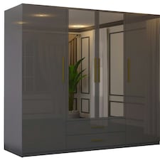 Modern 4-Door High Gloss Wardrobe with Soft-Close Mirrors, Gold Accent Handles, Drawers & Shelves – 160cm Wide Grey | Grey 160cm