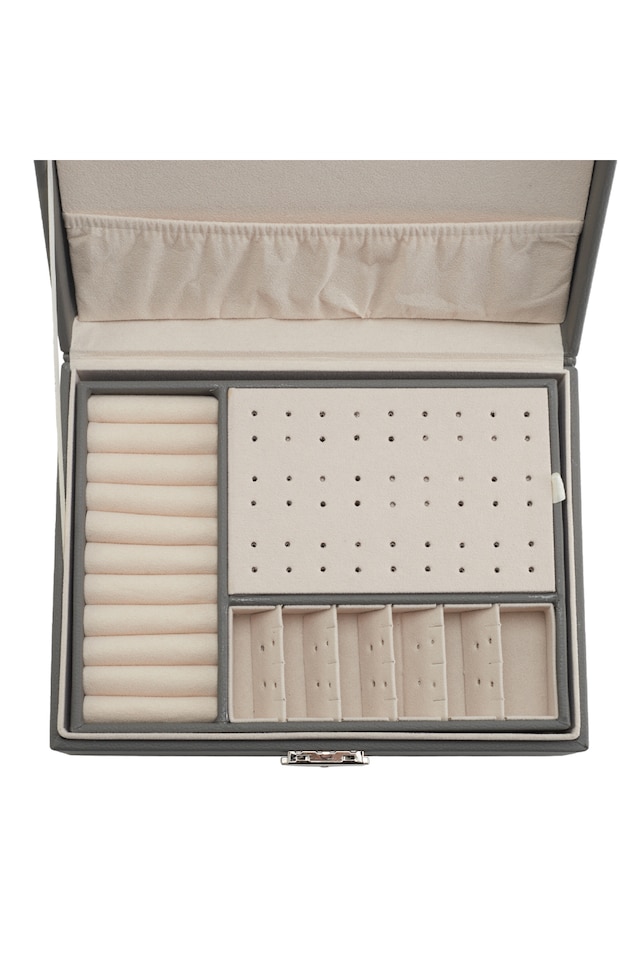 image 1 of Living and Home Lockable Double Tier Faux Leather Jewellery Organizer | Grey