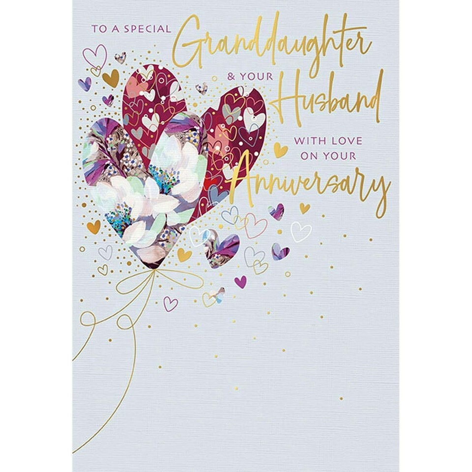 Words 'n' Wishes Traditional Granddaughter and Husband Anniversary Card, Floral Love Heart Balloons, Contemporary Design, Multi-Coloured, Eco-Friendly