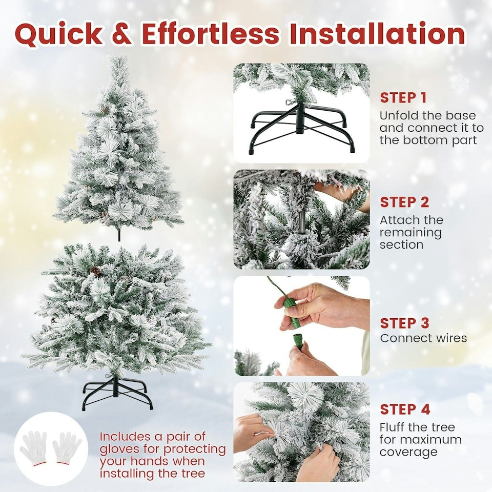 image 1 of COSTWAY 4.5 FT Pre-Lit Artificial Christmas Tree Snow-flocked | Green | One Size
