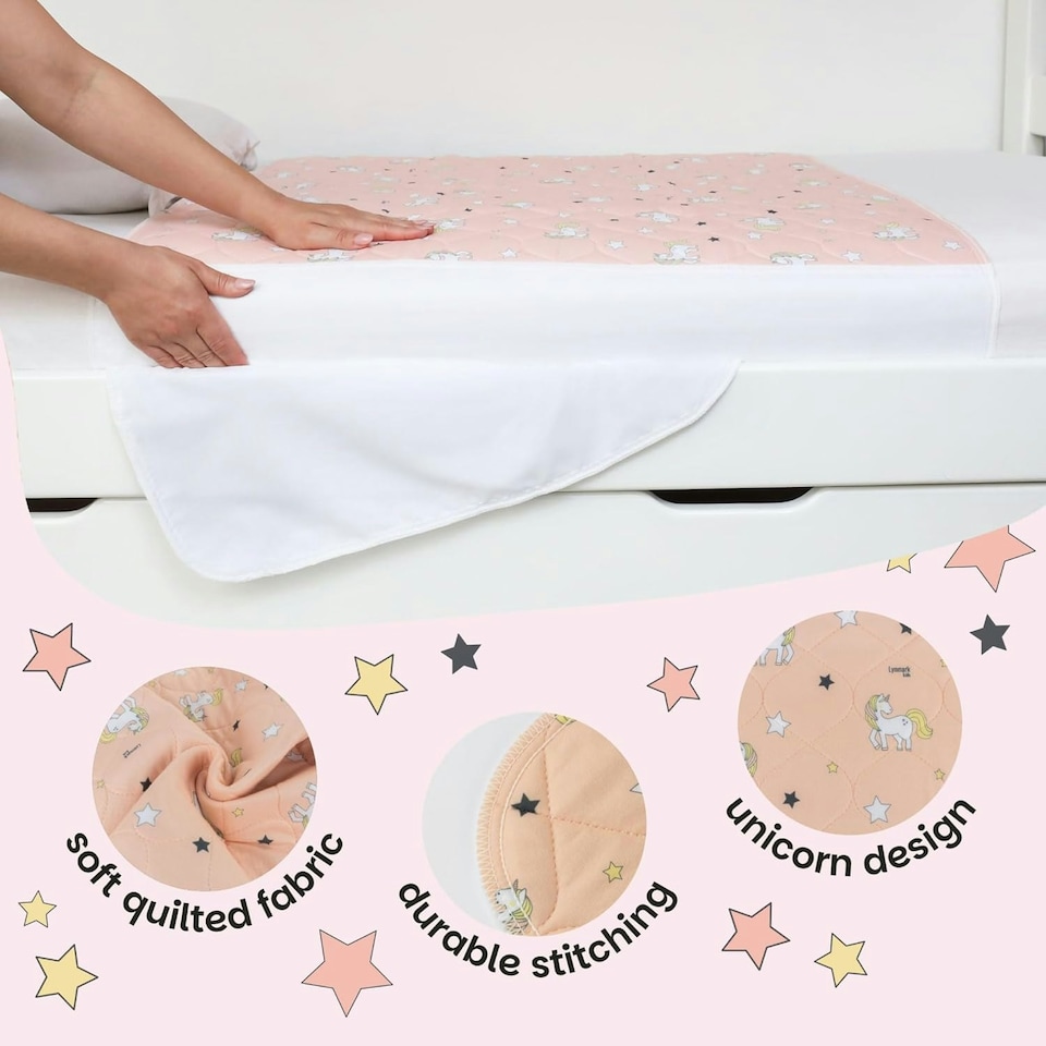 image 1 of Toddler Potty Training Bed Pad with Tucks - Soft Waterproof Bedwetting Pee Protector Mat for Kids - Multi-Layer Non-Slip Washable Absorbs Up to 2000ml 90 x 85cm Pink | Unicorn | Single