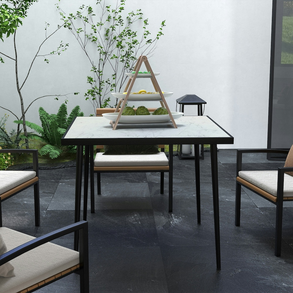 image 1 of Outsunny Outdoor Dining Table for 4 with Marble Effect Tempered Glass Top White