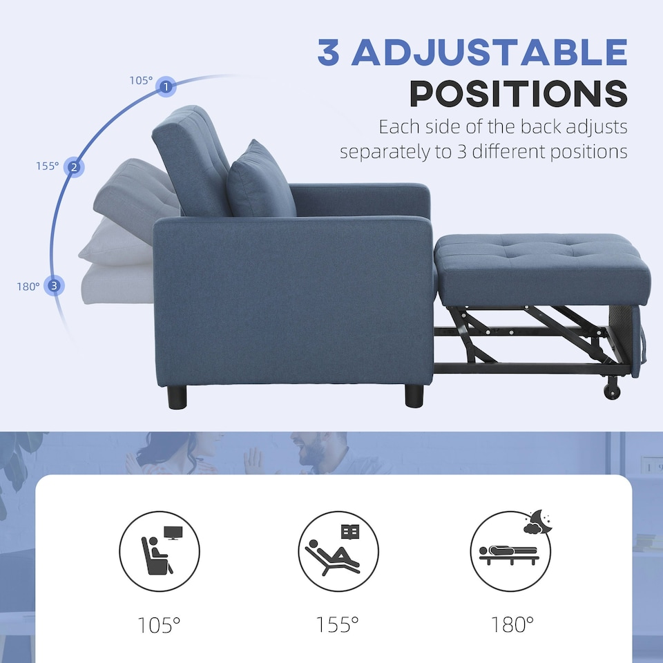 image 1 of HOMCOM Convertible Single Chair Bed with Upholstered Fabric, Blue 