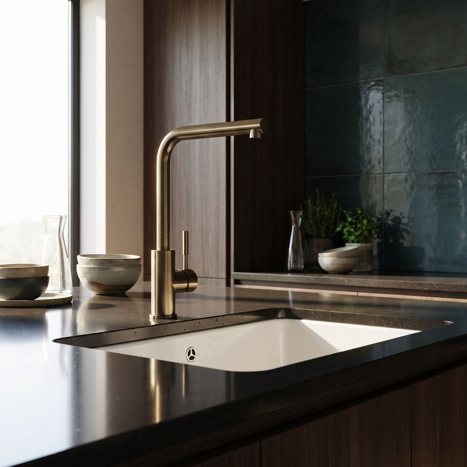 image 1 of Balterley Modern L-Neck Single Lever Kitchen Sink Mixer Tap - Top Fix Installation | Brown | Antique Brass | 1