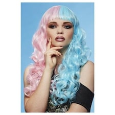 Manic Panic Cotton Candy Angel Siren Half Pastel Pink & Half Baby Blue Long Curled Hair with Fringe Wig