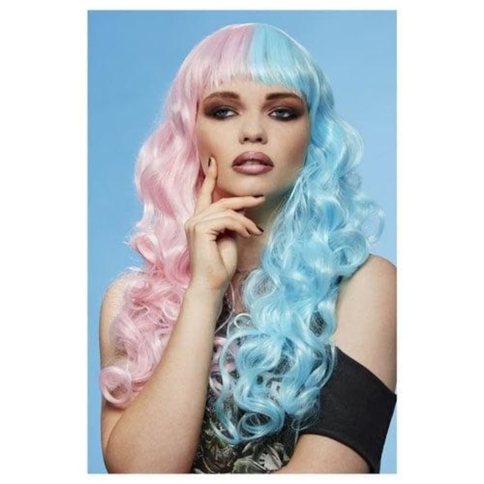 image 1 of Manic Panic Cotton Candy Angel Siren Half Pastel Pink & Half Baby Blue Long Curled Hair with Fringe Wig