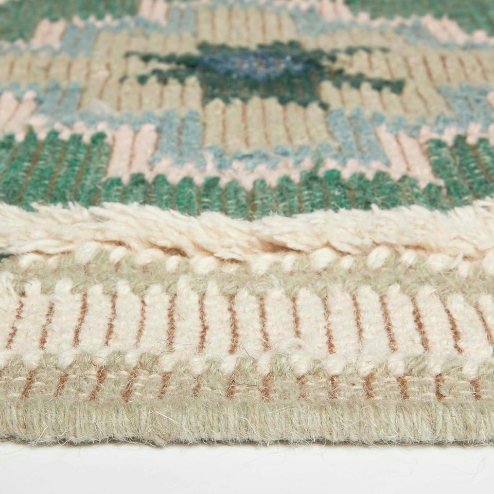 image 1 of Homescapes Matala Green and Blue Kilim Runner Wool Rug - 66 x 200 cm