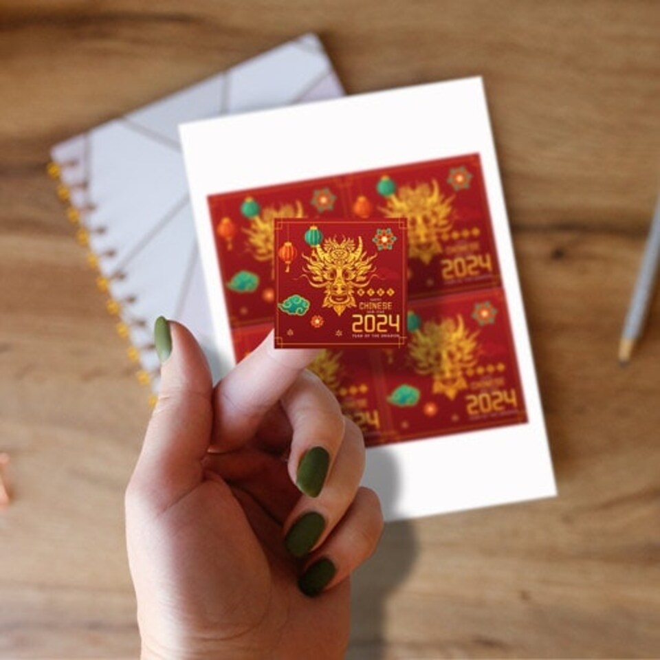 image 1 of Happy Chinese New Year 2024 Dragon Design Square Stickers 95mm - Sheet of 4