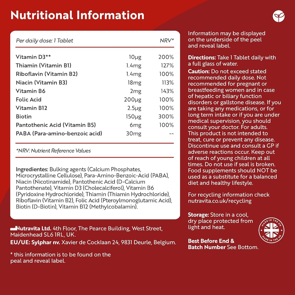 image 1 of Nutravita Vitamin B Complex High Potency - 8 Vitamins B1-B2-B3-B5-B6-B12, Biotin, Folic Acid & VIT D3 - 365 Micro Tablets - 1 Full Year Supply