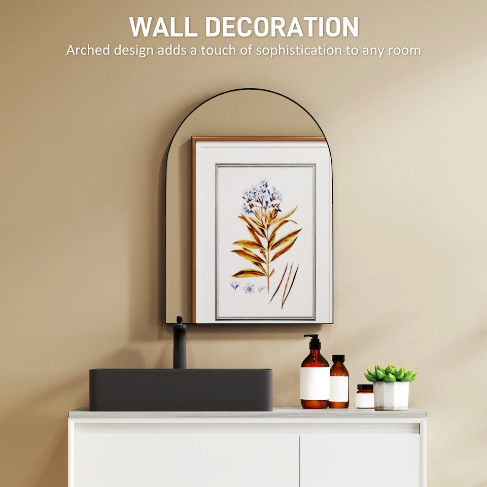 image 1 of HOMCOM Arch Bathroom Mirror, Wall Mirror with Steel Frame, 50 x 70cm, Black