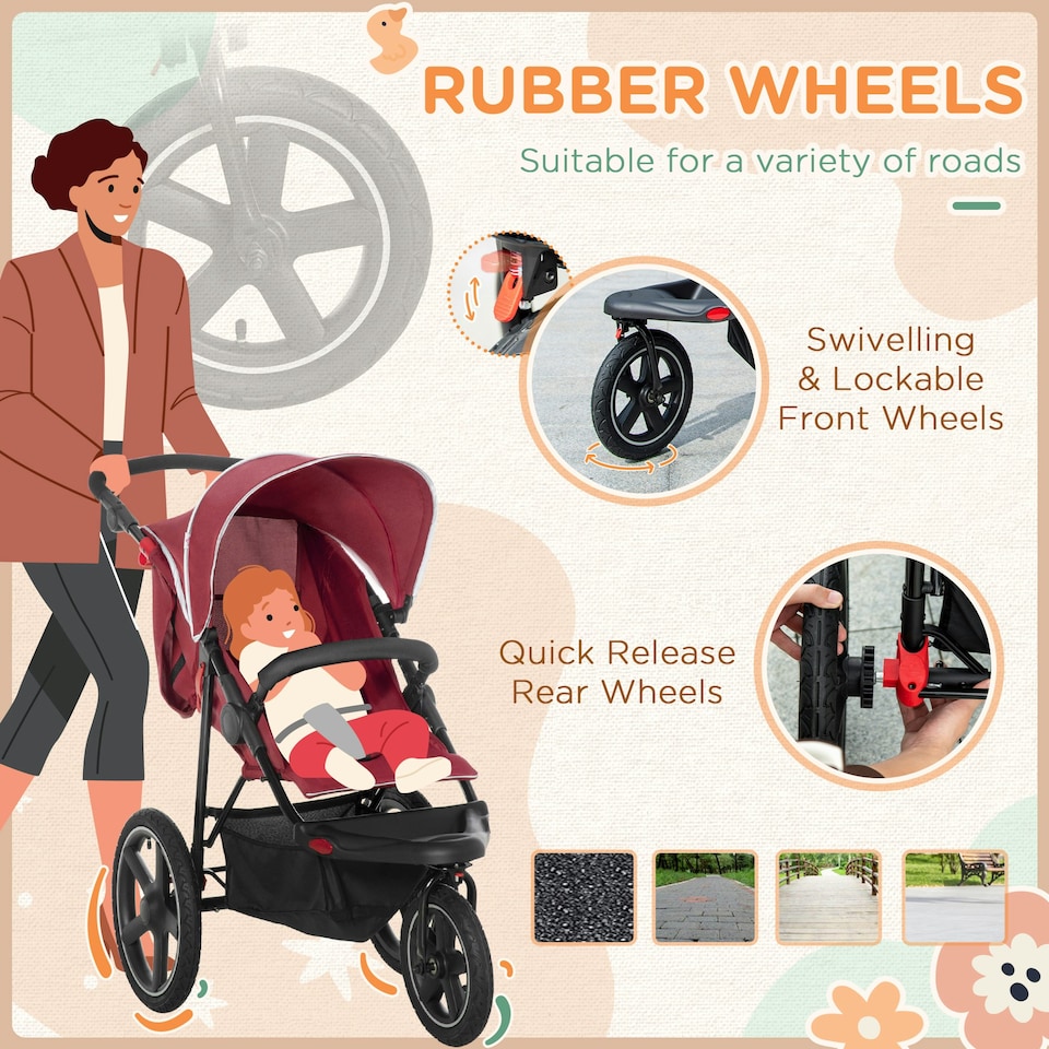 image 1 of HOMCOM Foldable Three-Wheeler Baby Stroller w/ Sun Canopy, Storage - Red