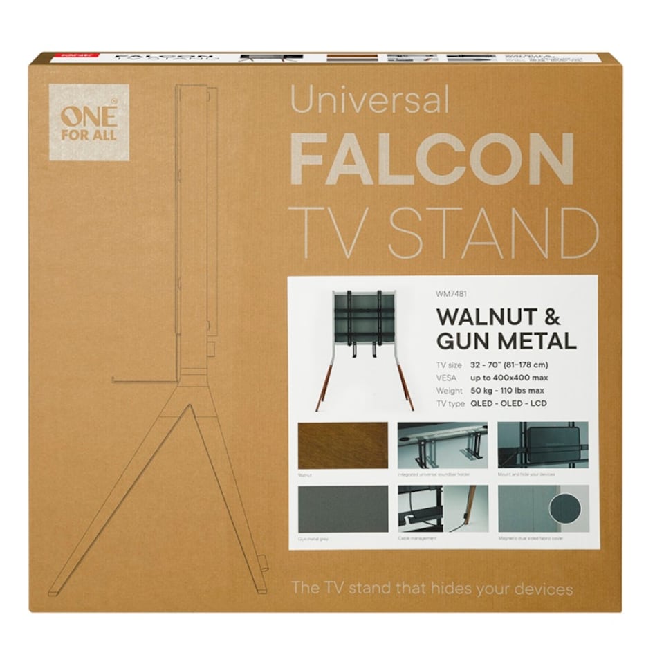 image 1 of One For All WM7481 Falcon Universal TV Stand for Screen Size 32-70" with Soundbar Holder | Multi | 1
